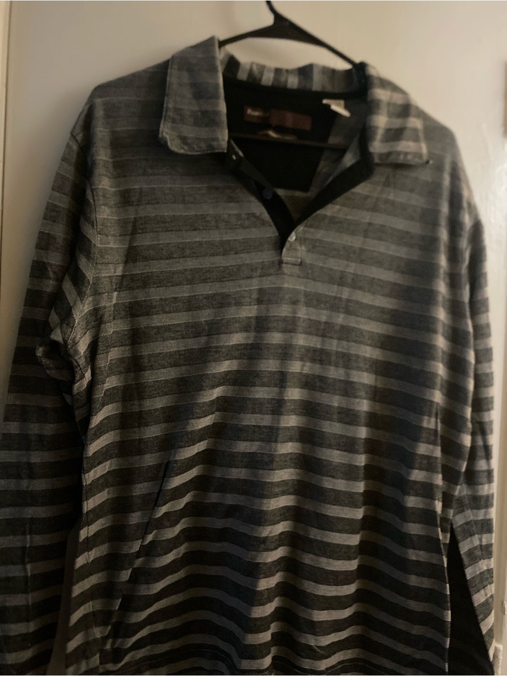 Perry Ellis Grey and Black Striped Long-Sleeve Polo
